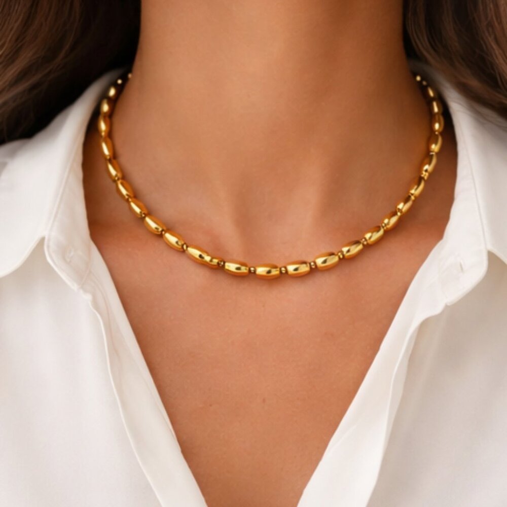 Golden Hematite Beaded Statement Necklace in Goldtone 20 Inch